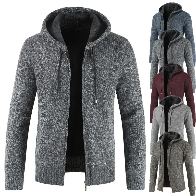 2023 Winter Thick Cardigan Mens Sweater Zipper Hooded Fashion Warm Slim Fit Knitted Sweater Male Fleece Hoodies Coats Men M-4Xl