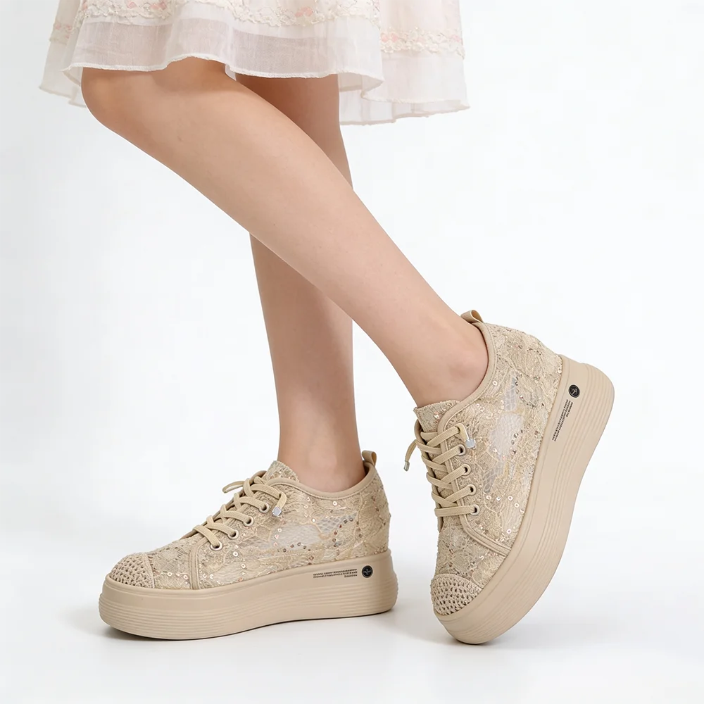 

Spring Summer Lace Shoes Women Platform Sneakers Daily Party Sweet Ladies Casual Shoes Height Increasing 7cm D963