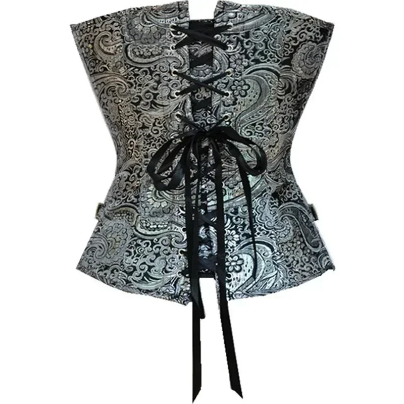 Silver Vintage Corset Bustiers Top Steampunk Lace-Up Flower Print Gothic Corselet Women Waist Trainer Overbust Corselet S-2XL