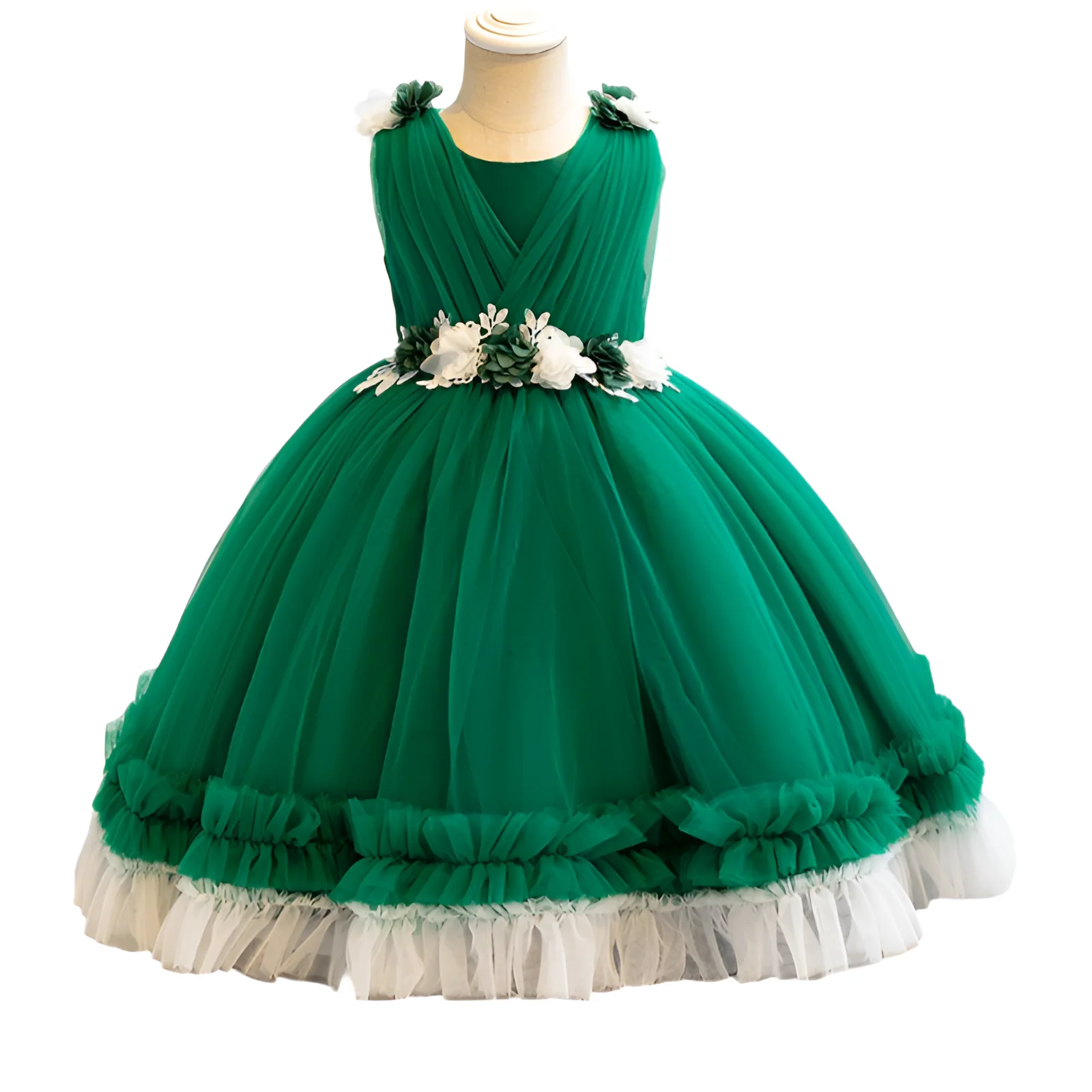 New 2026 de Fancy Green Party Dress for Girls Flower Ball Gown Kid Vestidos 2 4 6 8 10 Years Old Kids Clothes 2-10 Years Old