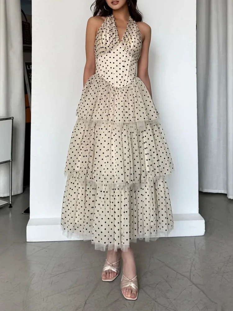 Vestido de festa com decote em v temperamento elegante bolinhas fio líquido em camadas bolo vestido longo vestidos femininos 2025 verão novo