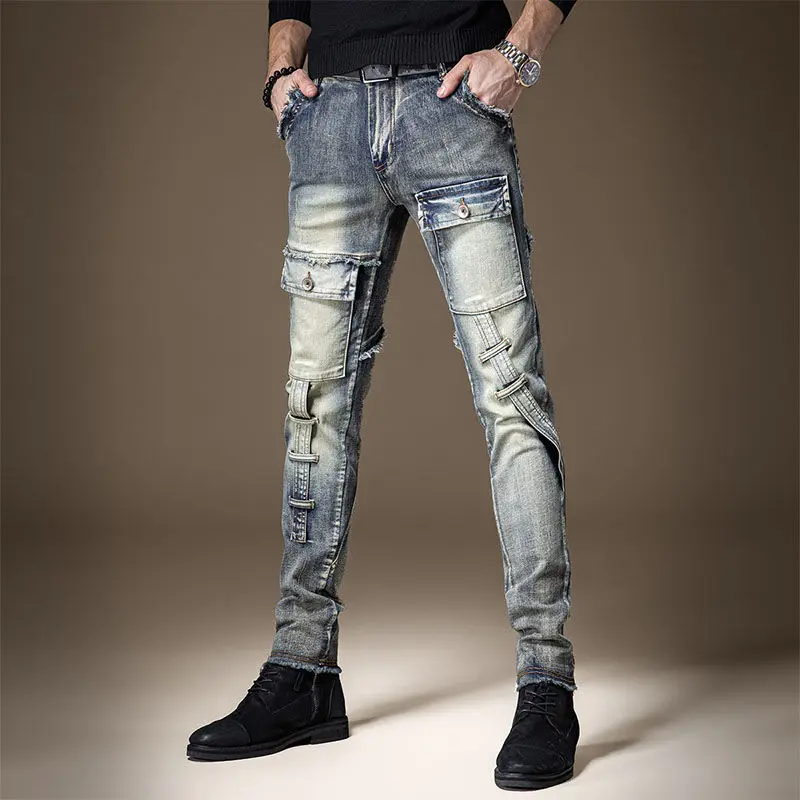 Pantalon cargo à poches multiples pour hommes, jeans déFlex, style coréen, créateur de moto, coupe couvertes, luxe, à la mode et confortable