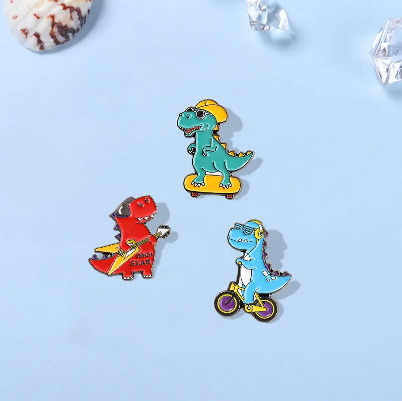 Rock Young Dinosaur Enamel Pins Our Life Cute Cycling Animal Brooches Lapel Badge Fun Cartoon Jewelry Gift for Kids Friends