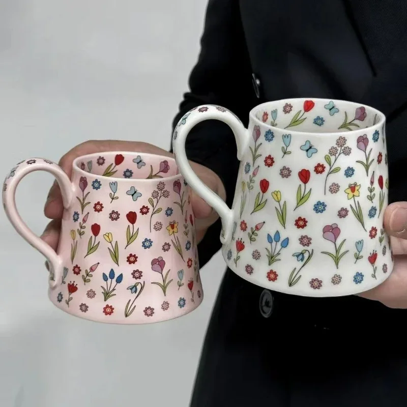 400ml Ceramic Coffee Mug with Floral Design French Retro Water Cup for Girls Household Office Milk Coffee Broken Flower Cup New