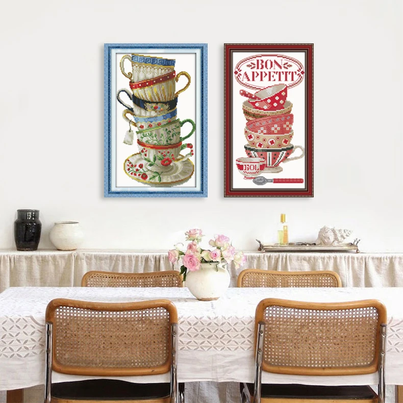 Coffee Cup Pattern Cross Stitch Kits Color Thread DIY 14CT 16CT Print Canvas Folk Crafts Handmade Needlework Embroidery Set