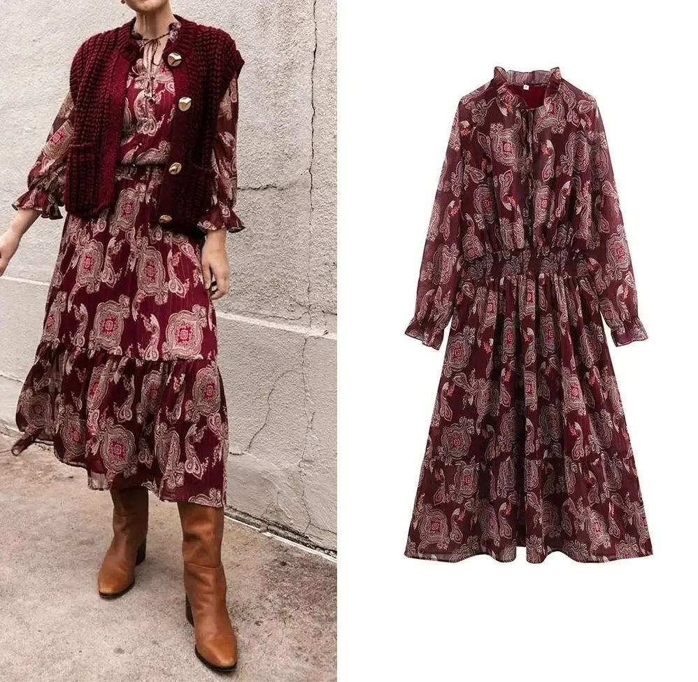 Vestido largo Vintage de gasa con estampado de flores rojas, vestido holgado de manga larga con cuello redondo y volantes, vestido bohemio a la moda para primavera y otoño