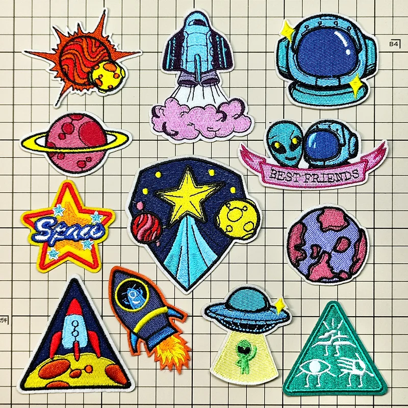 Astronaut Rocket UFO Alien Iron On Patch Apparel Sewing Fabric Handmade Appliques For Clothing Stickers Badge Parche Star Sun