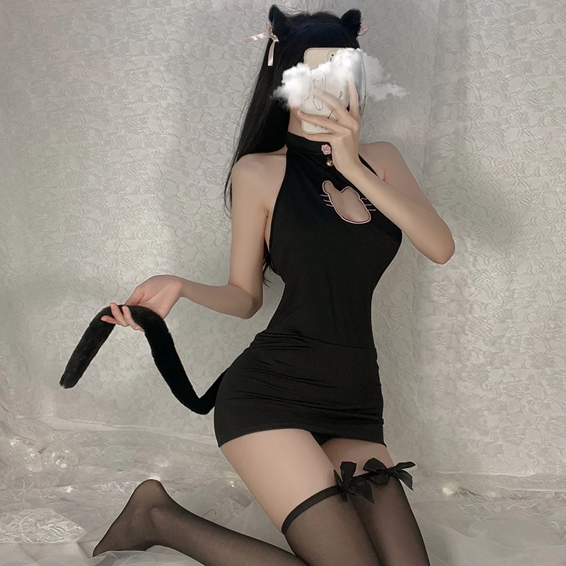 Costumes de cosplay de Catgirl pour femmes, mini robe mince, jupe oreilles de queue de chat, lingerie Kawaii Anime, tentation sexy, jeu de plis