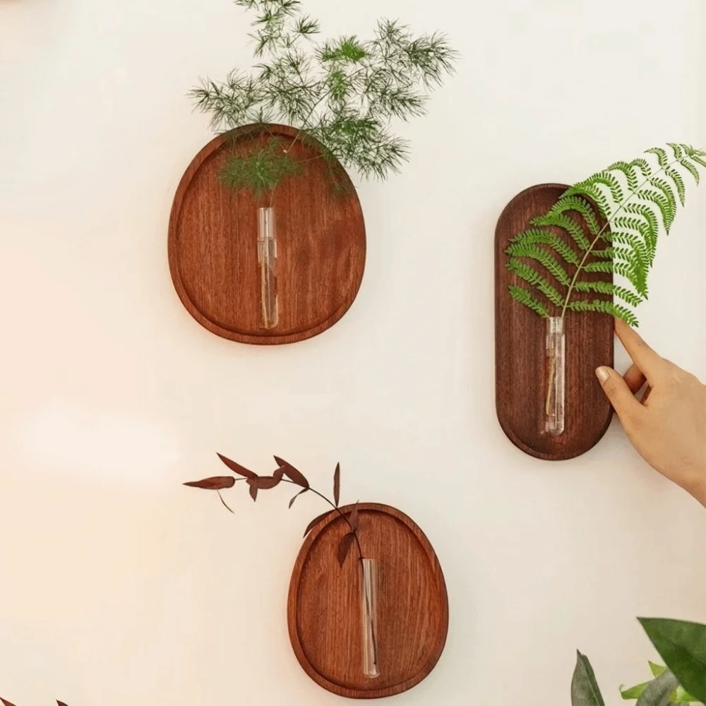 Solid Wood Wall Mounted Vase Space Saving Round/Oval Wall Hydroponic Vase Minimalist Oval Tube Wall Vase Living Room