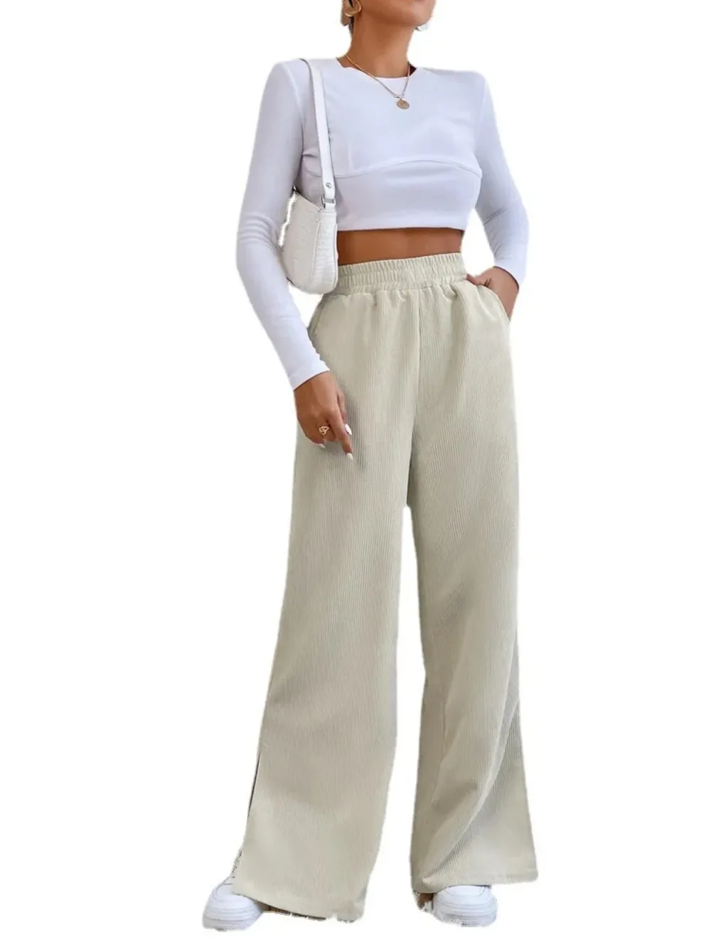 Autumn and Winter Corduroy Women Wide Leg Pants Solid Women Korean Style High Waist Slit Joggers Women Loose Trousers Streetwear