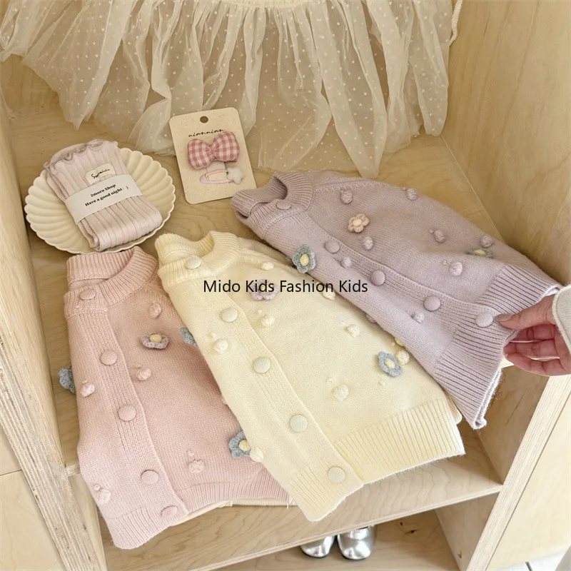 Girls cardigan jumper children's  knitted sweater tops children baby girl three-dimensional flowers fashionable jacket tide