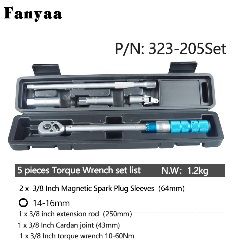 Fanyaa Torque Wrench Set 5pcs Bicycle Spark Plug Sleeve Socket Spanner Extension Rod Drive 10-60Nm Bike Tyre Repair Tool