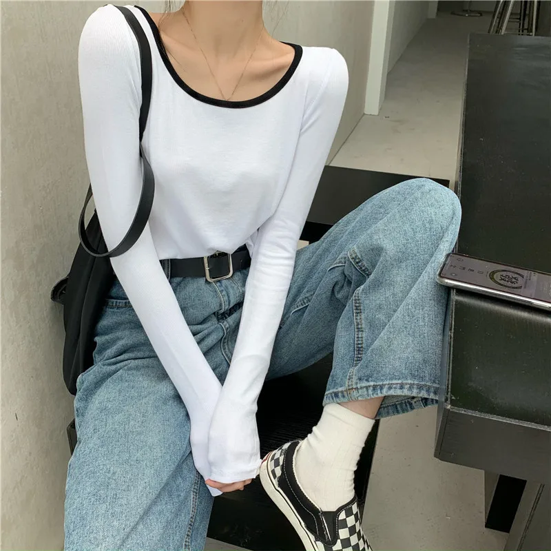 New Y2K Long Sleeve T-shirt Women Kpop Japanese Vintage Crop Tops Woman Sexy Slim Patchwork Tee Shirt Autumn Winter Black Cloths