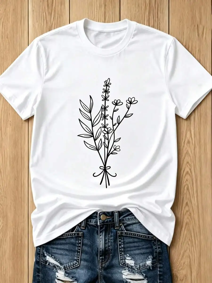 Women Summer Crewneck Short Sleeve T Shirt Minimalist Flower Bouquet Print Casual Everyday Wear Trendy Summer Outfit Top