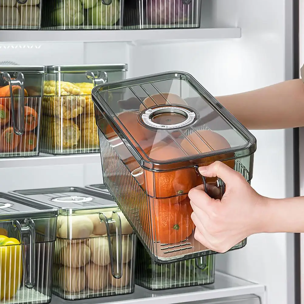 Refrigerator Storage Box with Handle Easy Pull Out Organizer Dry Wet Separation Date Timer Freshness Preservation Container