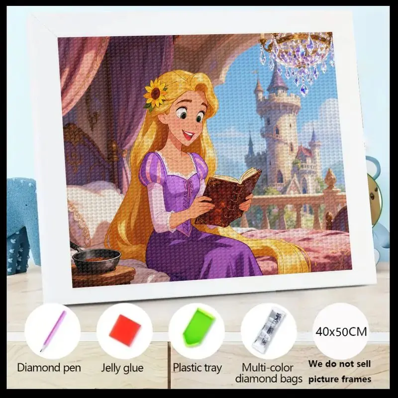 

1 шт. 5D DIY полный дрель комплект алмазной живописи, Рапунцель принцесса читает книги и дизайн замка, сказочный персонаж хрустальный драгоценный камень искусство