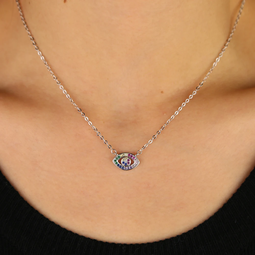 New lovely cute sweet girl gift jewelry colorful rainbow cz tiny evil eye charm pendant necklace Gold silver color