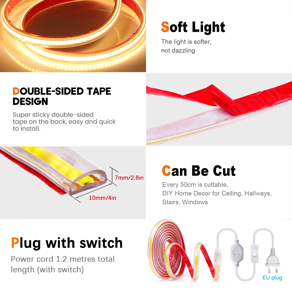 COB LED Strip Light 220V High Brightness IP68 Waterproof 50cm Cuttable 12W/M With 1.2m Power Cord For Home Living Room Lighting