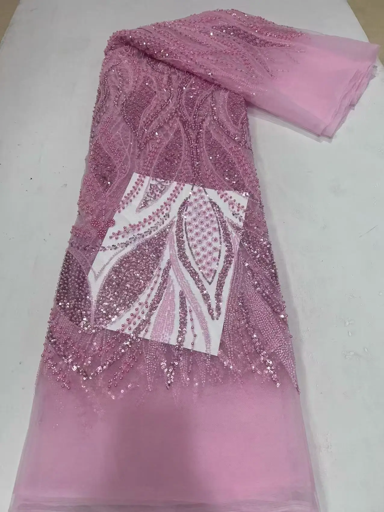 

2026 African Nigerian High-Quality Sequins Embroidery Tulle Lace Fabric Sewing Beads Stone for Prom Dresses DP0527 5 Yards