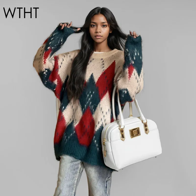 

WTHT Trendy Women's Control Color Diamond Plaid Knit Sweater 2024 Winter New O-neck Long Sleeves Pullovers Female 1LS596