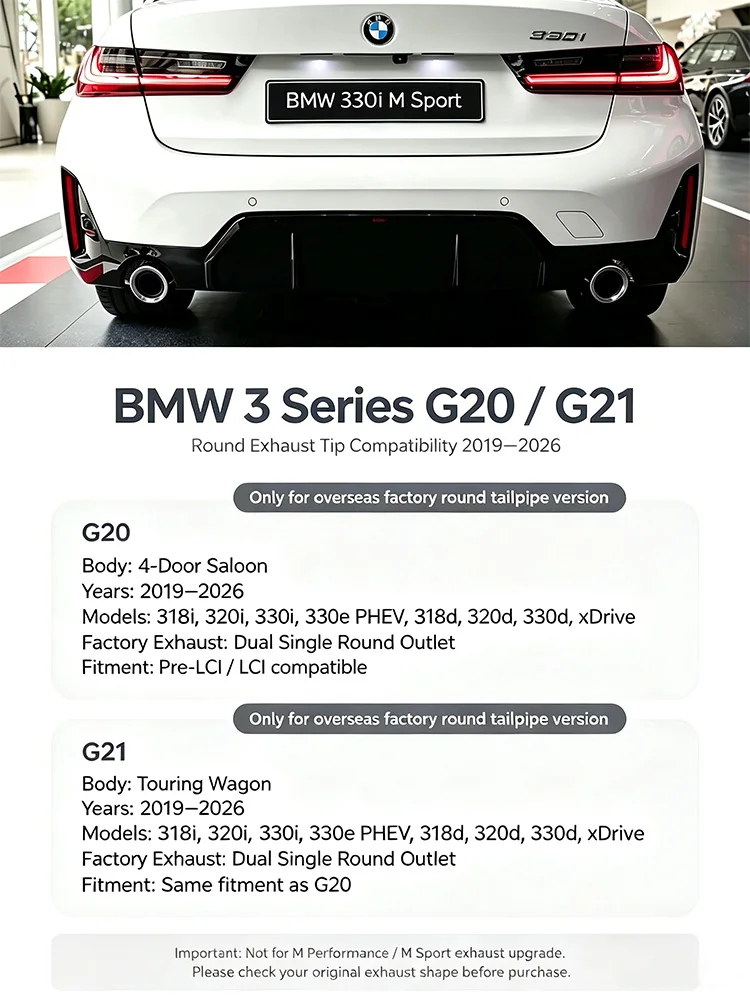 Passend für BMW 3er G20 G21 320i 330i 330e 318d 320d 330d 2019-2026 Auspuffblende Endrohrblende Schalldämpfer Auspuffendstück Autozubehör – Detail 2
