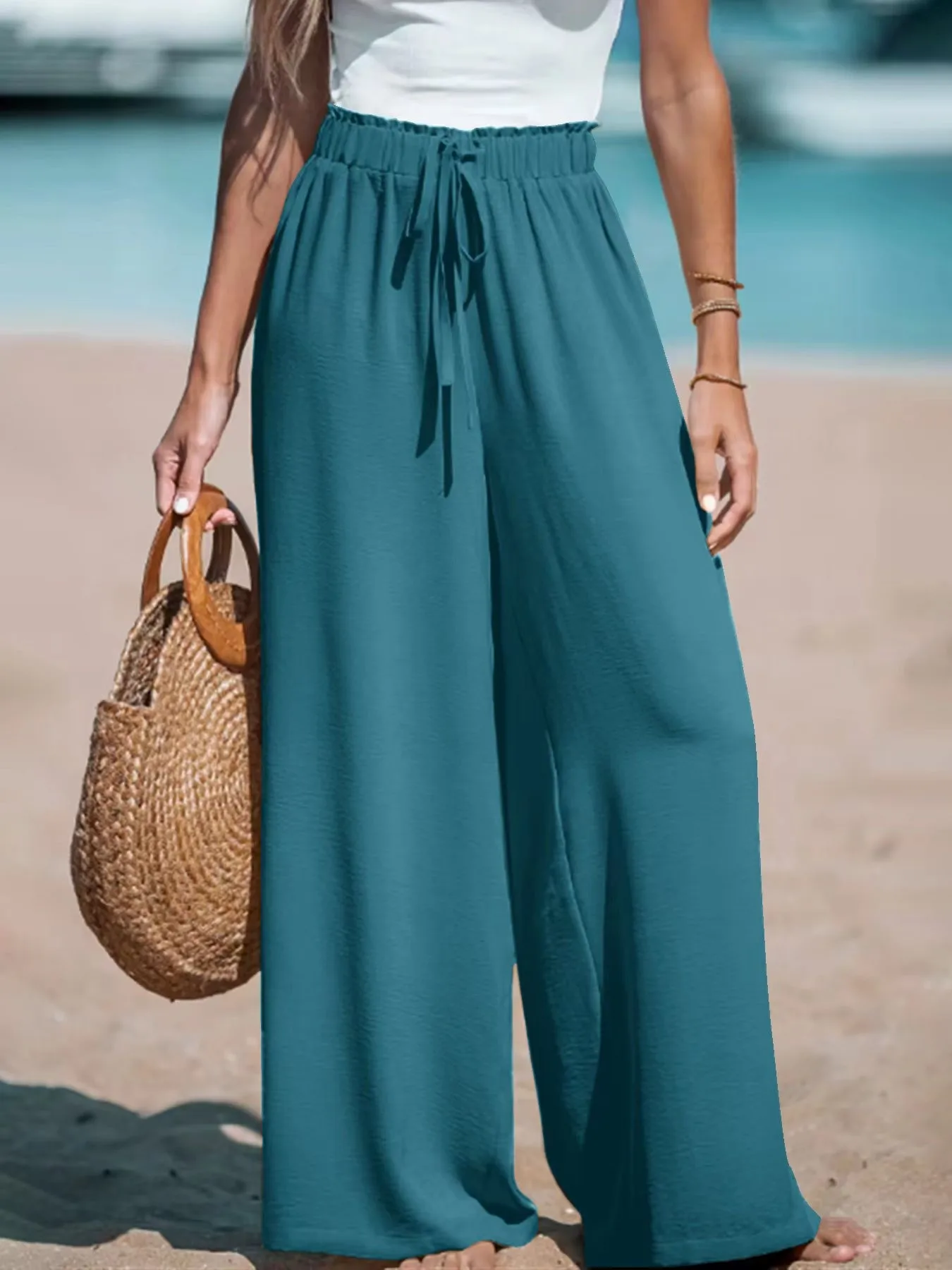 2025 Cross border Women's Four Seasons Wide Leg Loose Drawstring Casual Fashion Pants Commuting Office Beach Comfort Trousers