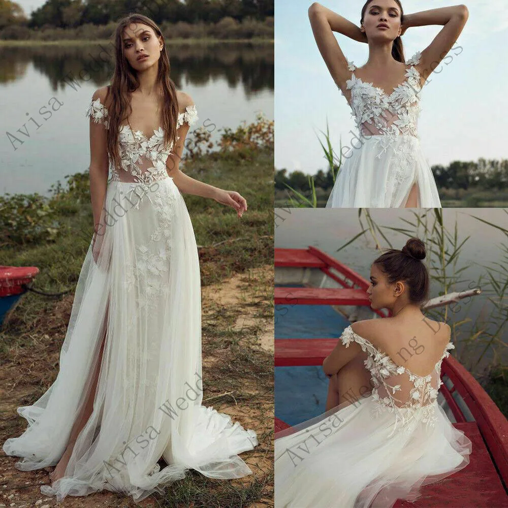 Boho Off The Shoulder Wedding Dress 3D Floral Lace Appliques Beach Bridal Dress Side Slit Garden Party Dresses Vestido De Noiva