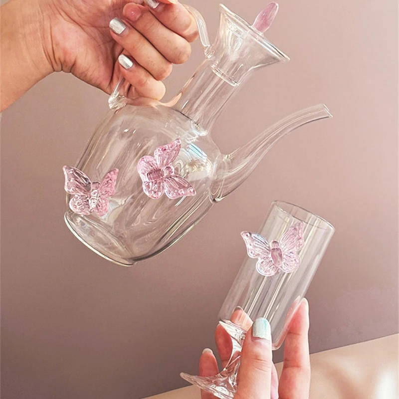 Glass Tea Set Set Pot and Cup Cute Pink Butterfly Design Valentine's Day Gift Drinking Juice Goblet Elegant Teapot Glasses