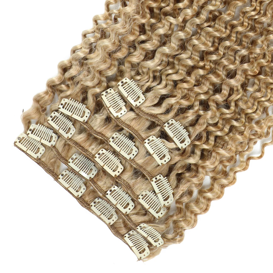 Water Wave Clip In Hair Extensions Real Human Hair 7Pcs/Set Chestnut And Bronzed Blonde Highlights Curly Clip On Hair Extensions image 3
