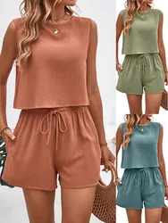 Moda feminina conjunto de duas peças terno verão blusa tanque cordão shorts casuais solto o pescoço bolso conjunto de duas peças ternos feminino novo