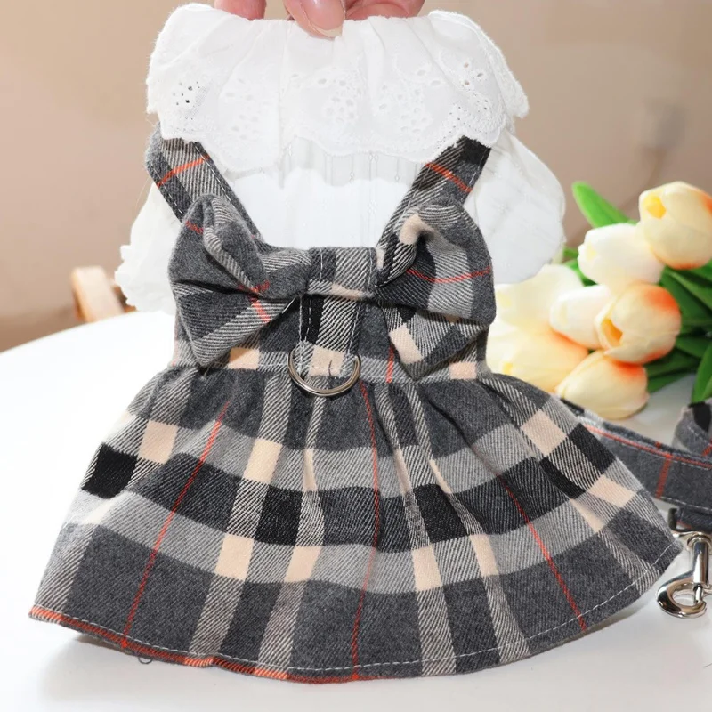 

XS-XL Four Seasons Cozy Dog Dress Cotton Plaid Cat Dress With Leash Breathable And Stylish Pet Clothing Cute Puppy Clothes