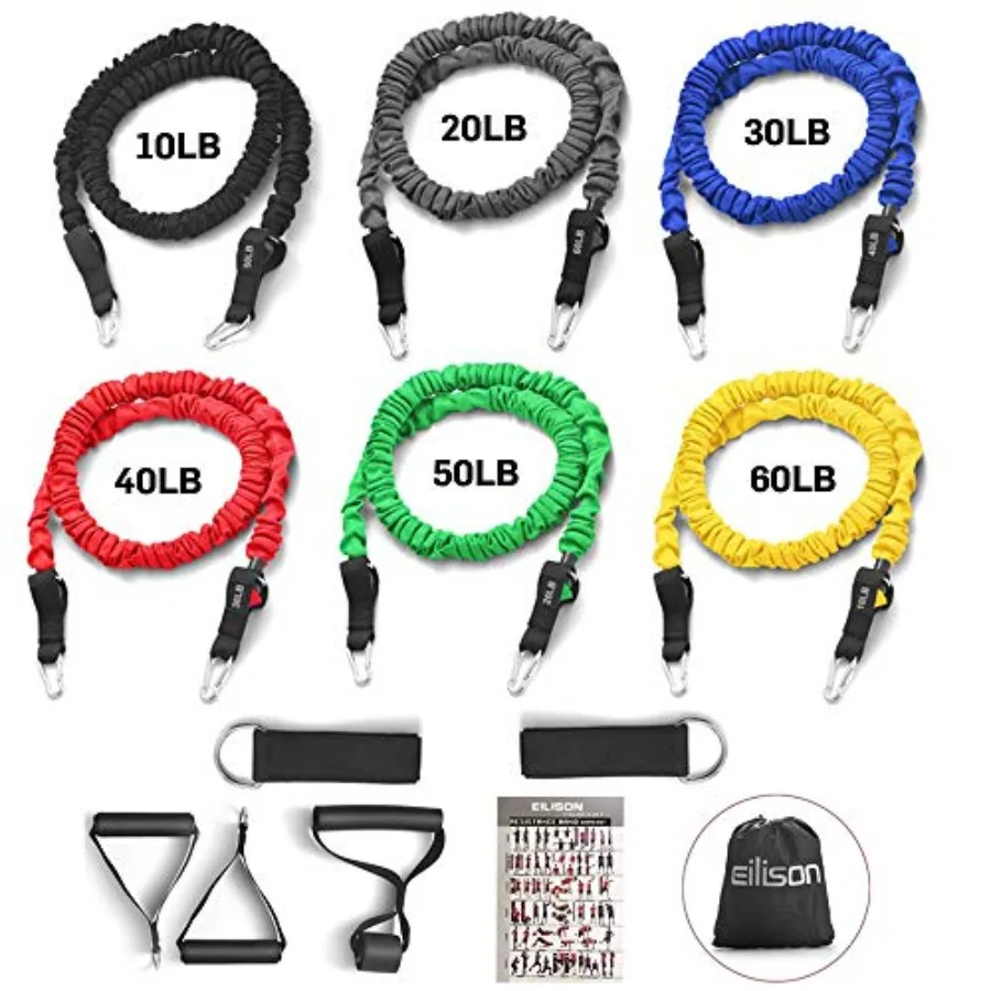 

Resistance Band Kit for home gym use, latex-free rubber, black with neon yellow accents, includes protective sleeves, anti-slip