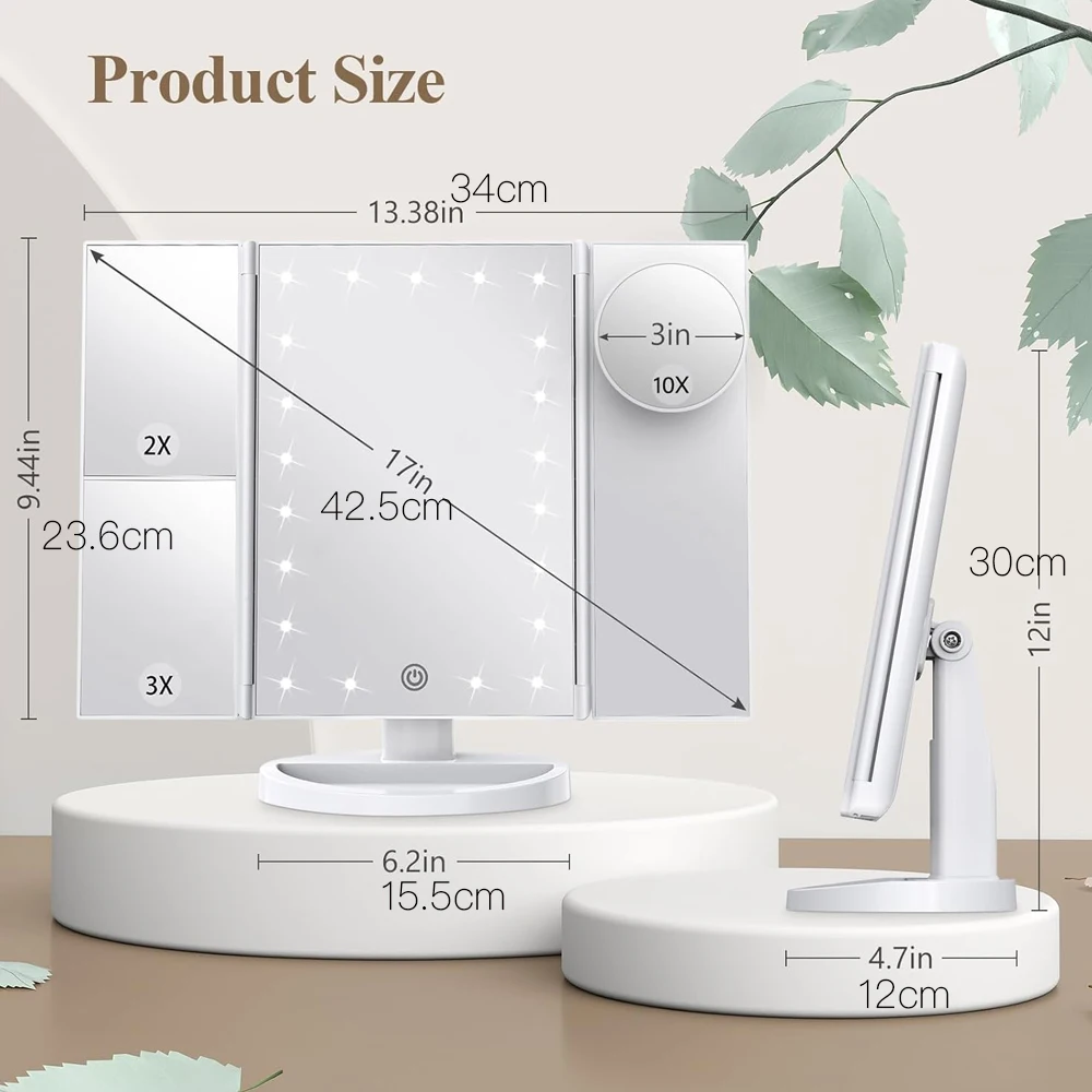 Makeup Mirror, Vanity Mirror with Lights, 2X/3X/10X Magnification, Touch Control, Trifold, Dual Power Supply, Mothers Day