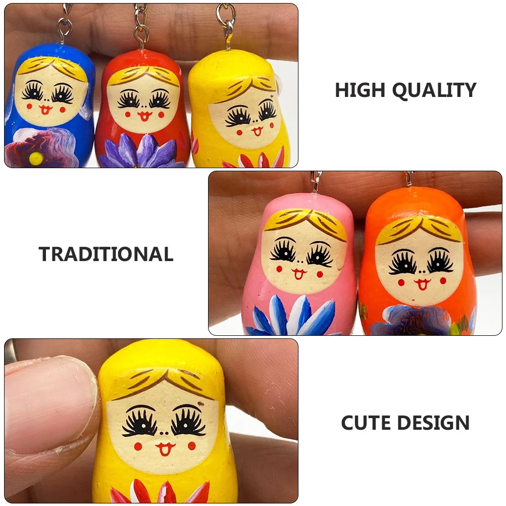 5 Pcs Wooden Matryoshka Keychain Painted Small Pendant Rings Fob Russian Dolls Baby Colored Chains Car