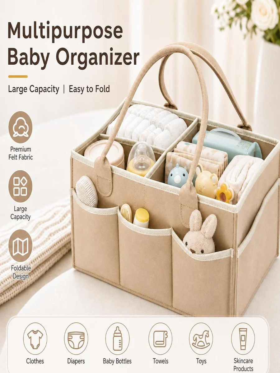 Tragbarer Baby-Windel-Organizer aus Filz, große Kapazität, Wickeltasche für Mütter, faltbarer Mehrfach-Fächer-Windel-Aufbewahrungskorb für Windeln, Feuchttücher, Spielzeug, Kinderzimmer, Wickeltisch