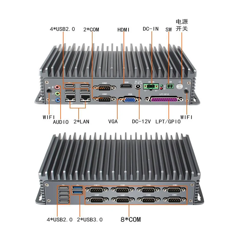 ファンレス組込み産業用ミニpc 2 * lan 10 * comインテルceleron J1900ミニコンピュータhd vga lpt/gpio 10 * usb無線lan 10 * RS232/RS485