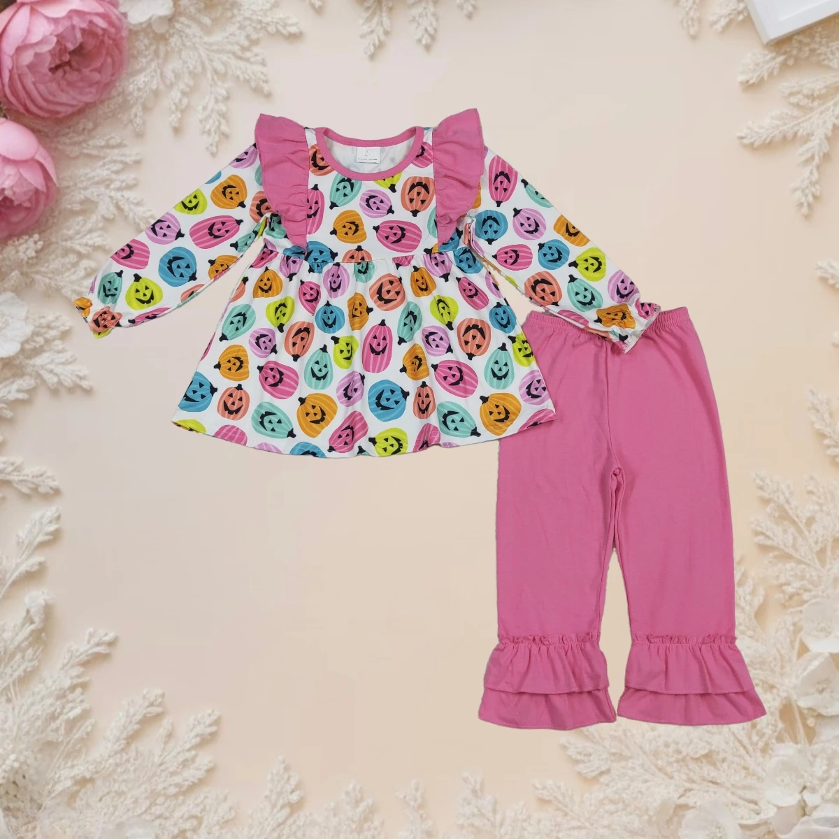 

Hot Sale Halloween Outfit Toddler Girl Clothes Ghost Pumpkins Print Ruffle Top and Pants Set Baby Kids Fall Festival Costume