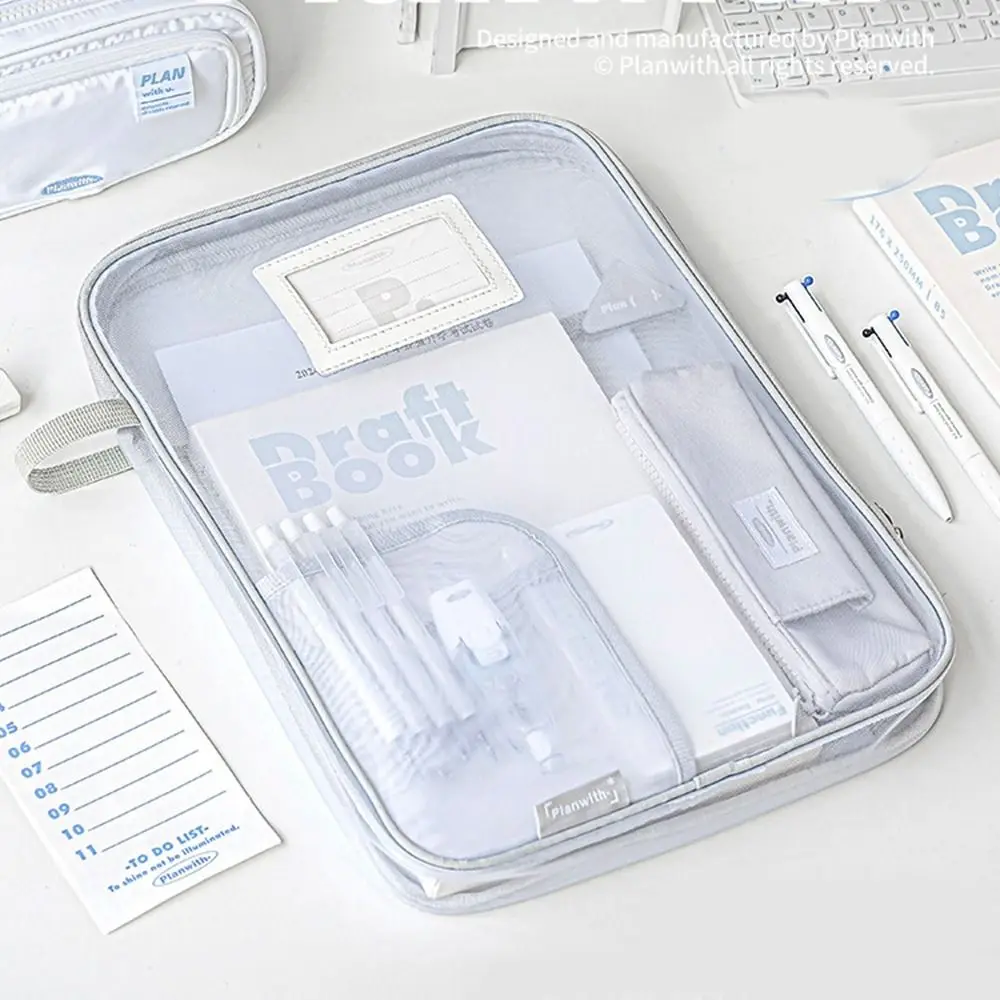 A4 Nylon Mesh File Bag Transparent Solid Color Transparent Zipper Pouch Multifunctional Large Capacity File Pocket Kids