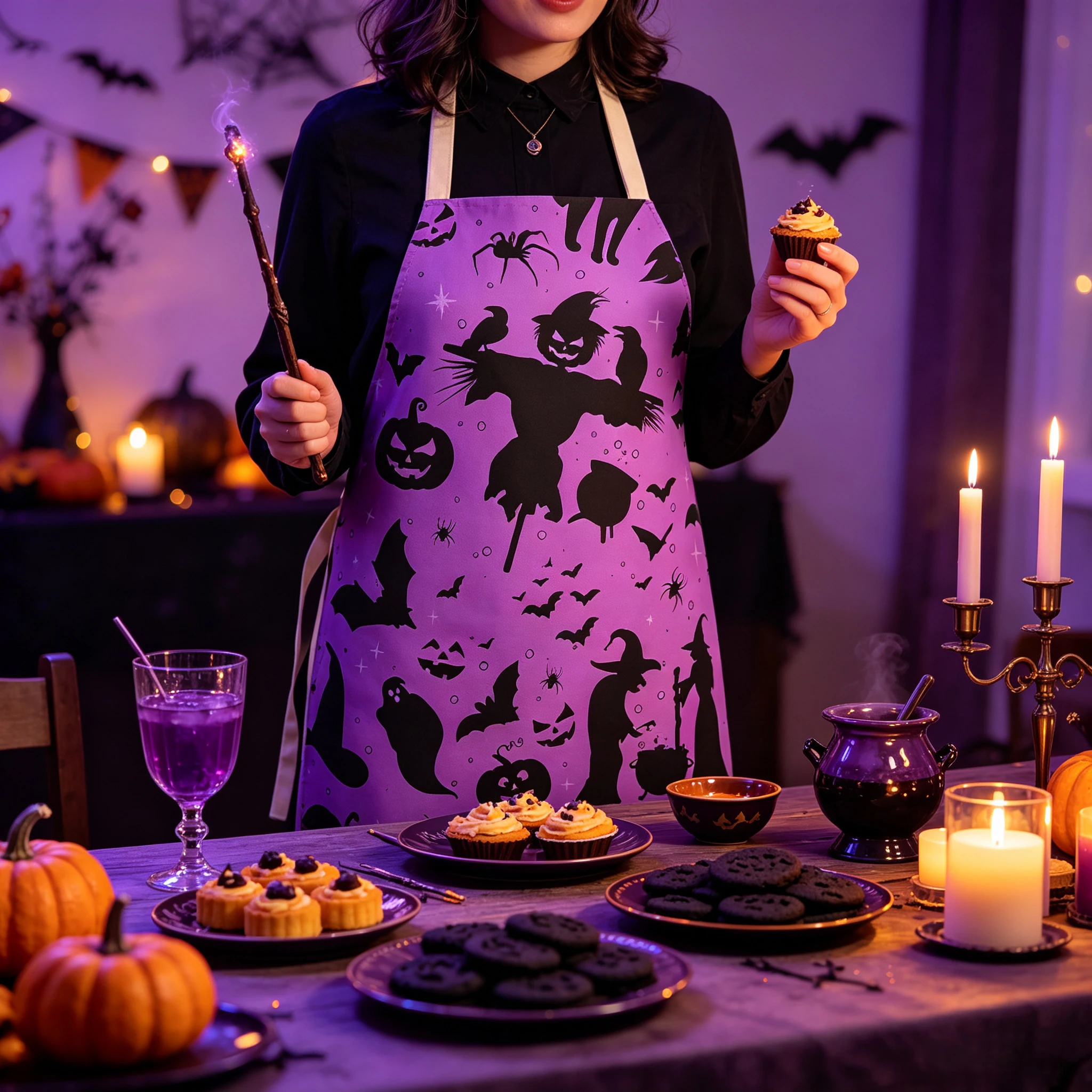Halloween Kitchen Apron, Purple Witch Pumpkin Bat Print Waterproof Oilproof Adjustable Cooking Baking BBQ Apron Halloween Party