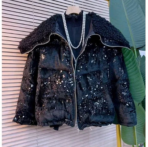 شتاء جديد كبير الحجم مطرزة المرأة الدافئة الفراء طوق سترة موضة تنوعا فضفاضة بسيطة سميكة الترفيه القطن معطف مبطّن #3