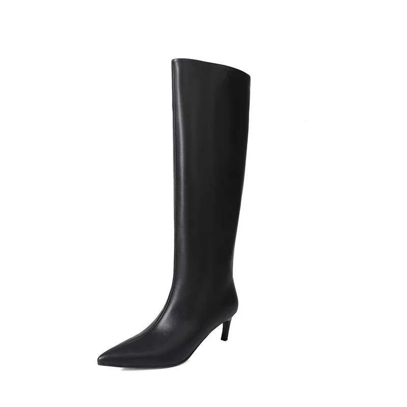 Botas de color albaricoque con punta estrecha y tacones de gatito, Botas hasta la rodilla de cuero genuino, estilo elegante, zapatos de oficina para mujer, colores crema, versátiles, nuevos