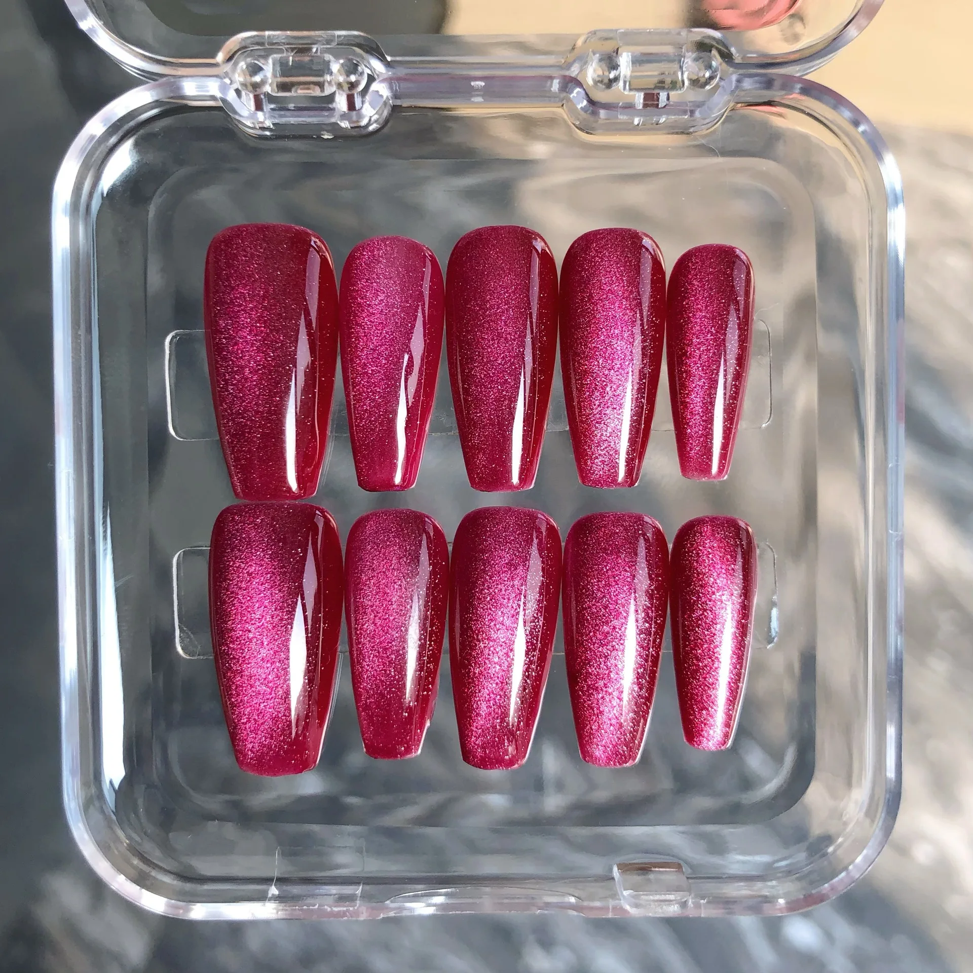 

Handmade Long Coffin Elegant Press on Nails 10 Pcs Cat Eye Design Full Cover False Nails Tips Autumn Winter Fake Nail Detachable
