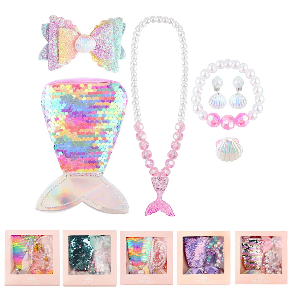 Baby Girls Mermaid Jewelry Kit Children Ariel Necklace Bracelet Shell Earrings Rings with Box Kids Birthday Gift Party Costume