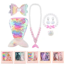 Baby Girls Mermaid Jewelry Kit Children Ariel Necklace Bracelet Shell Earrings Rings with Box Kids Birthday Gift Party Costume