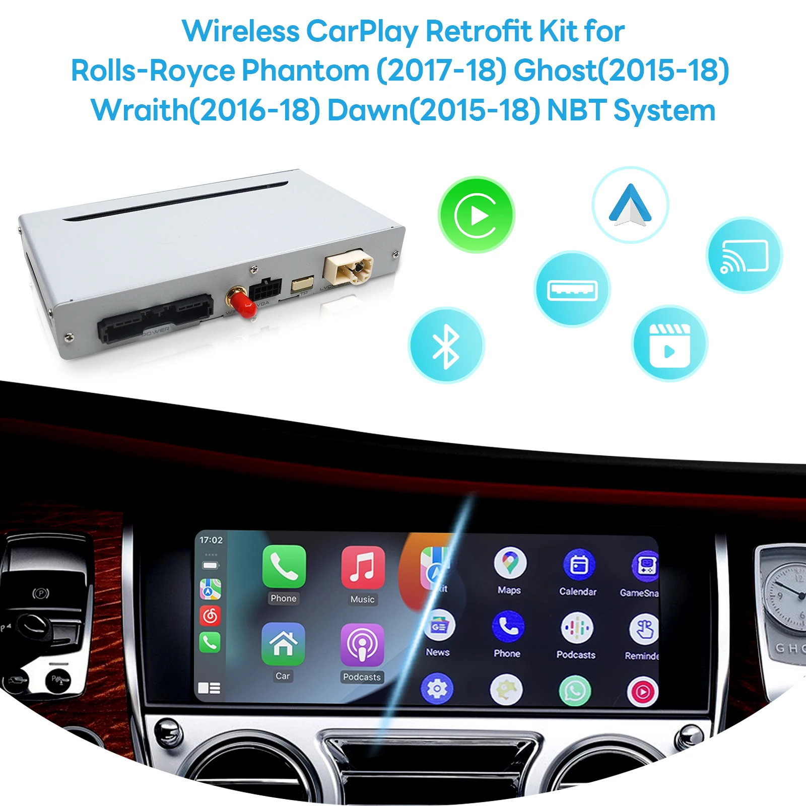 Wireless CarPlay Android Auto Video LVDS Interface For Rolls-Royce Phantom Ghost Wraith Dawn NBT System With 7-inch Screen