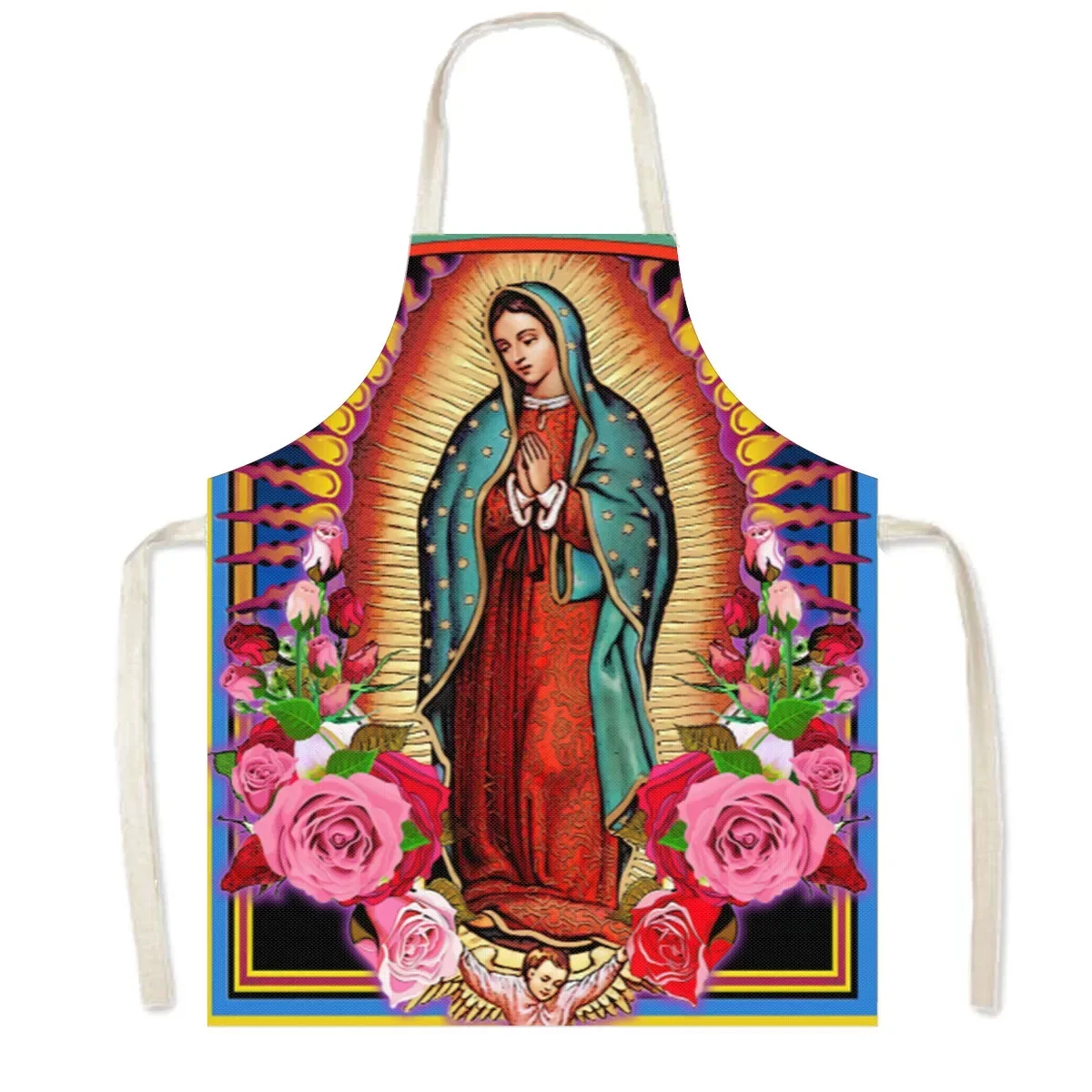 Holy Mary Oil Painting Kitchen Aprons Lady of Guadalupe Virgin Mary Home Cleaning Clothing Waterproof Chef Cooking Pinafore