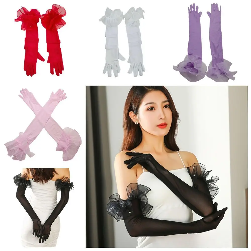 

Elastic Women Long Mittens Sunscreen Wedding Dress Solid Lace Sleeves Gloves Perspective Black White Bridal Mesh Gloves Outdoor