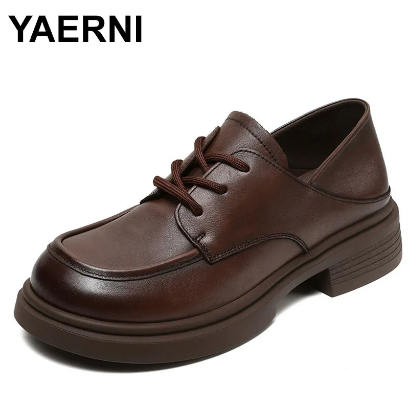 

4cm British Genuine Leather Women Flats Spring Round Toe Shoes Rubber Pumps Chunky Heels Retro Elthnic Autumn Comfy