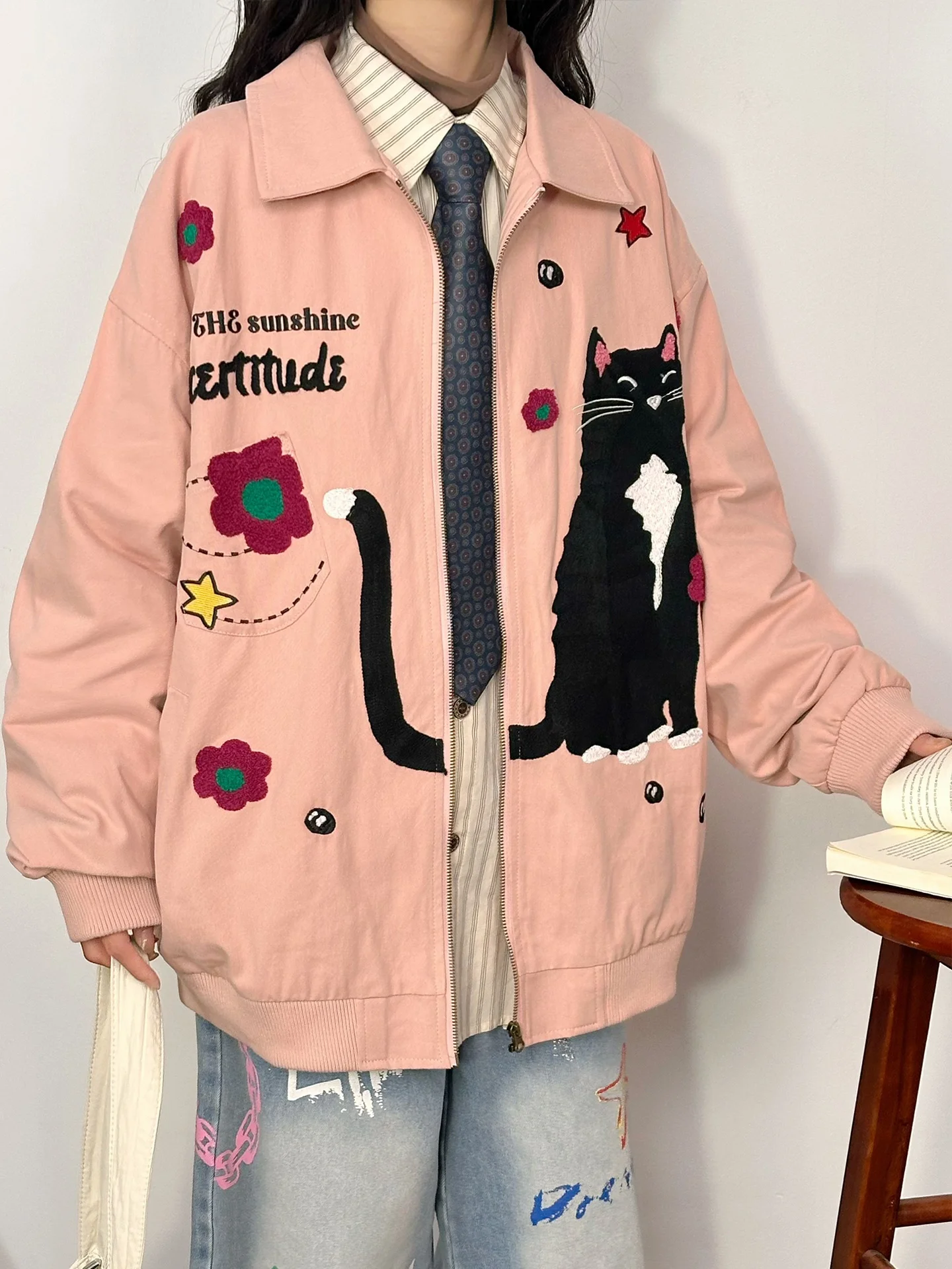 

Original American Retro Embroidery Stand Collar Jaet Women's Spring Autumn Casual Top Street Sle Loose Fit Long Sve