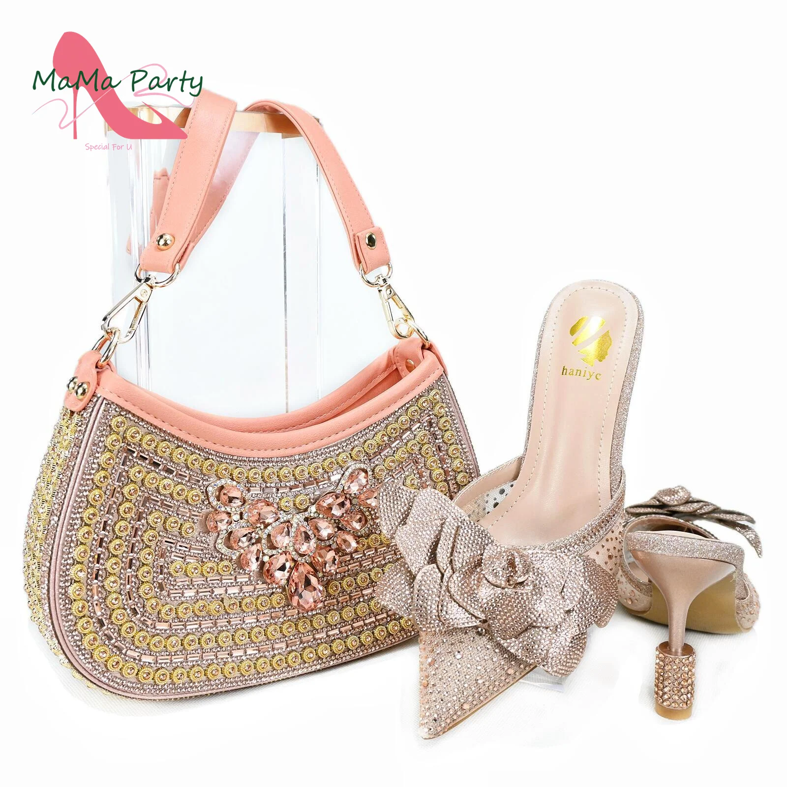 

Elegant Style Special Design New Arrivals Italian Women Shoes and Bag Set in Peach Color Comfortable Heels for Slipper